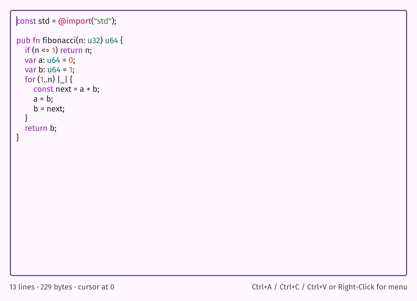 A code editor with Zig syntax highlighting