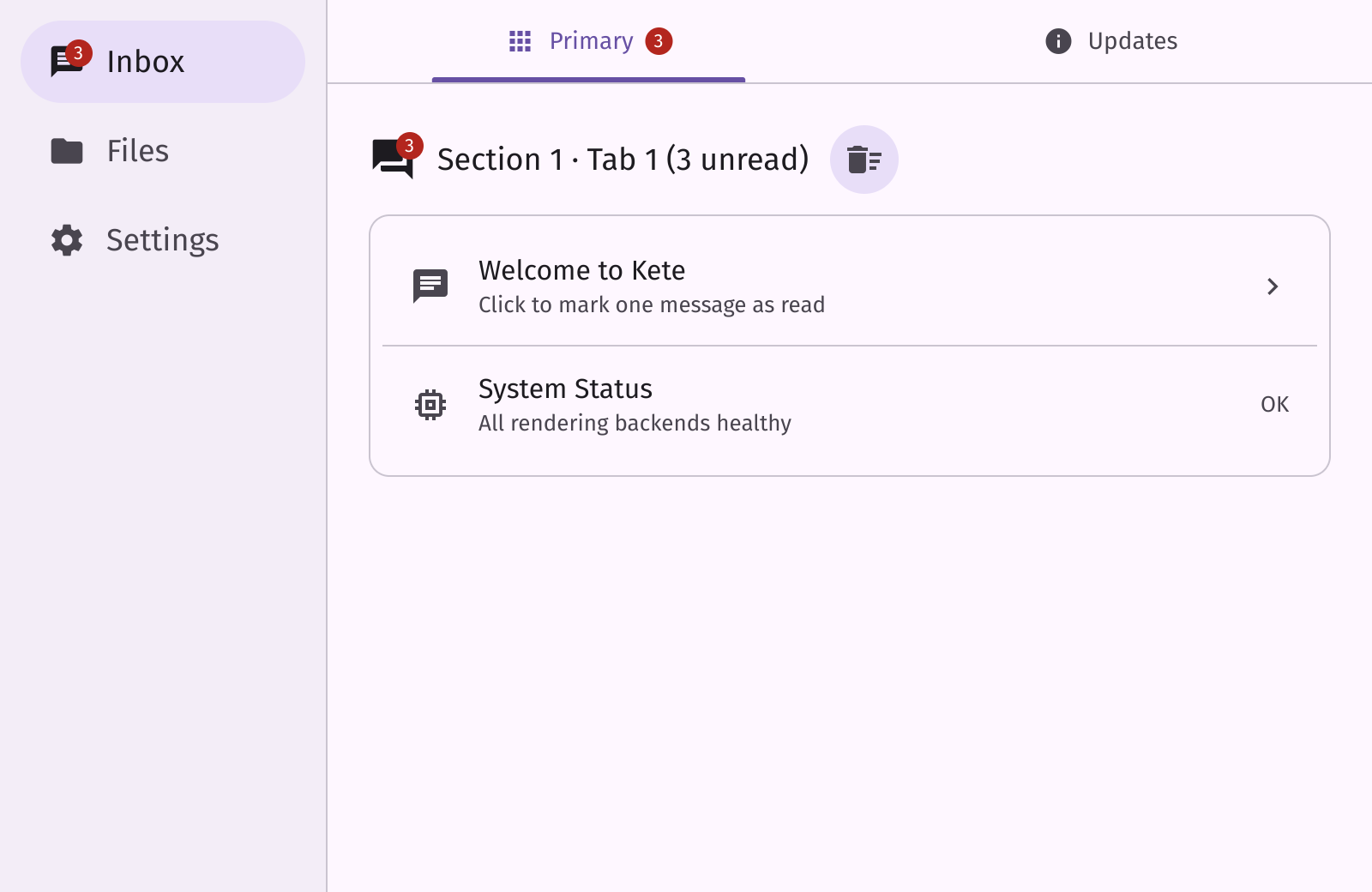 An inbox app with a navigation rail, tabs and a list of messages