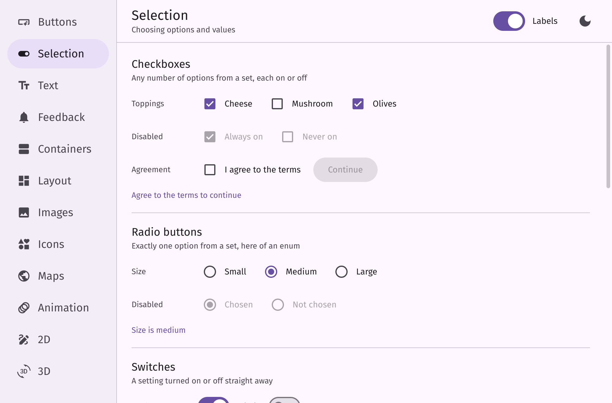 The showcase app's page of selection controls: checkboxes, switches, radio buttons, sliders and dropdowns